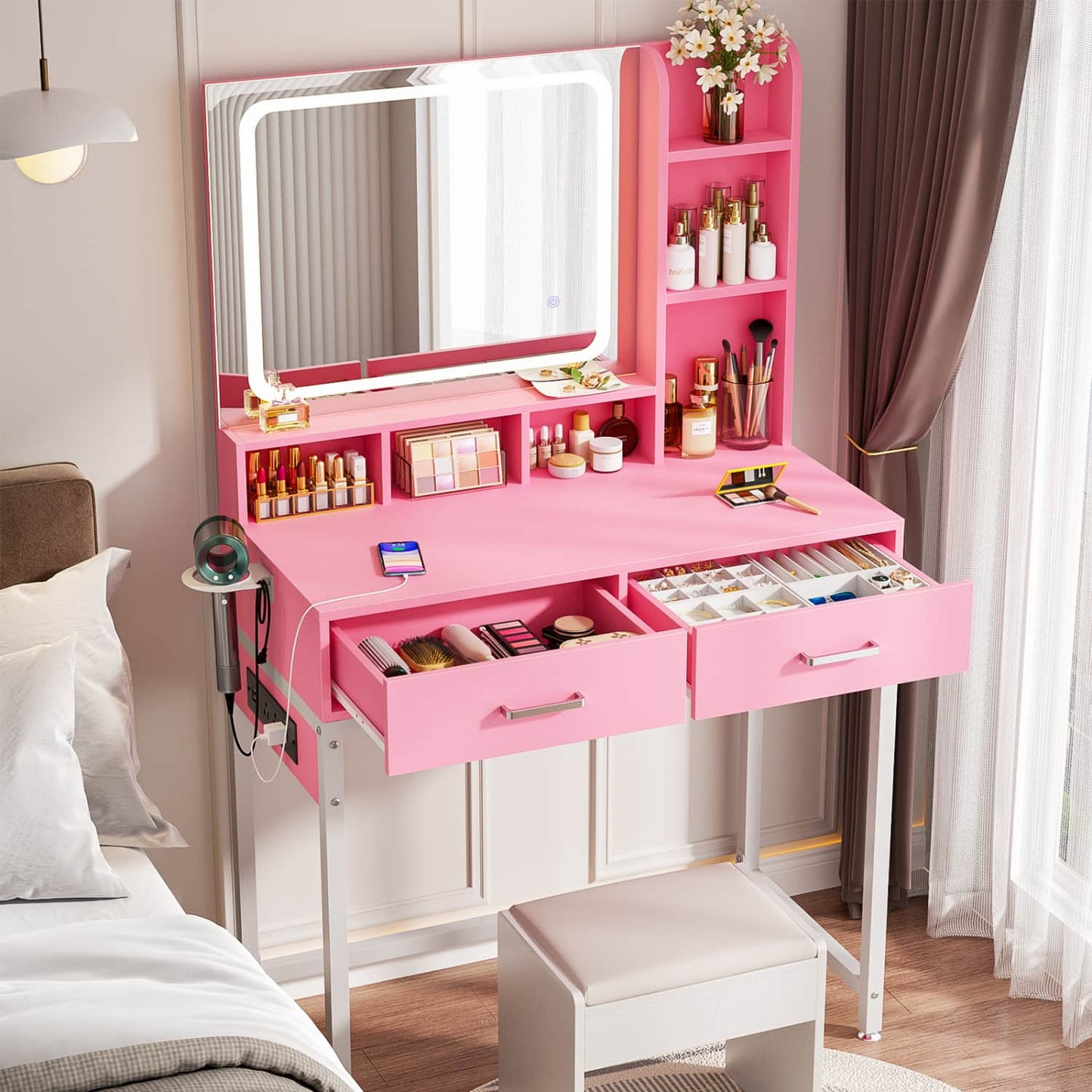 Vanity Desk with LED Mirror, Makeup Table with Charging Station