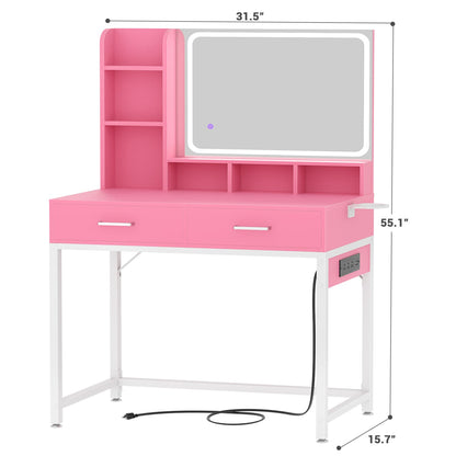 Vanity Desk with LED Mirror, Makeup Table with Charging Station
