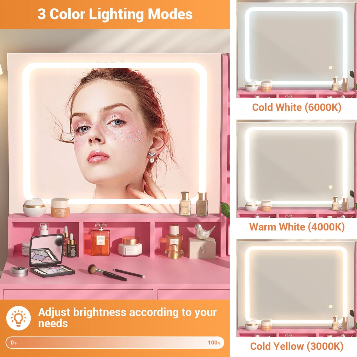 Vanity Desk with LED Mirror, Makeup Table with Charging Station