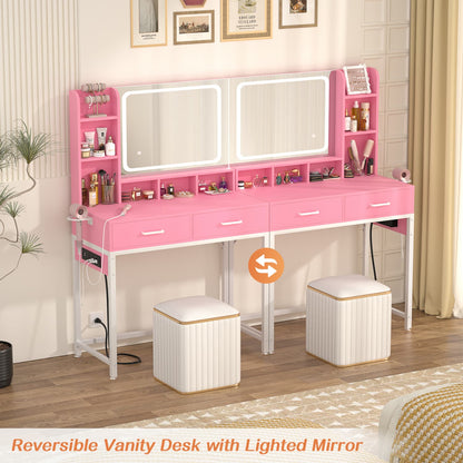 Vanity Desk with LED Mirror, Makeup Table with Charging Station