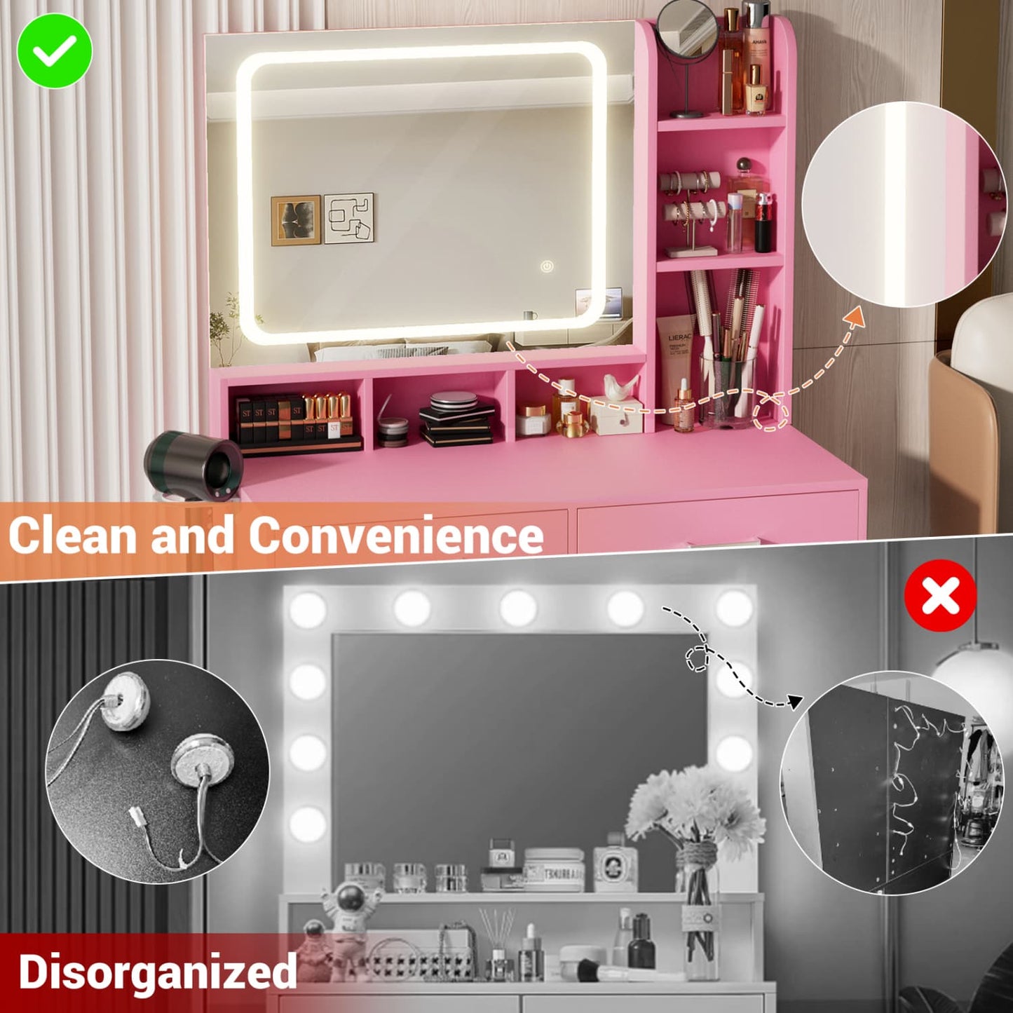 Vanity Desk with LED Mirror, Makeup Table with Charging Station