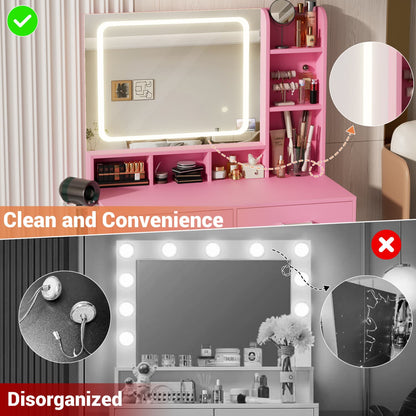 Vanity Desk with LED Mirror, Makeup Table with Charging Station