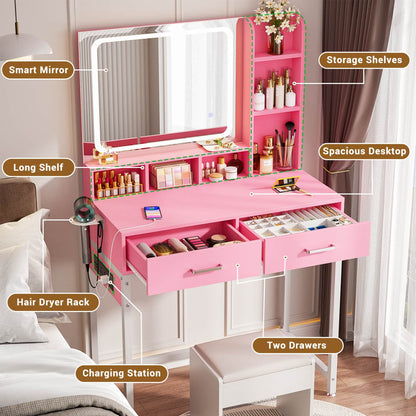 Vanity Desk with LED Mirror, Makeup Table with Charging Station