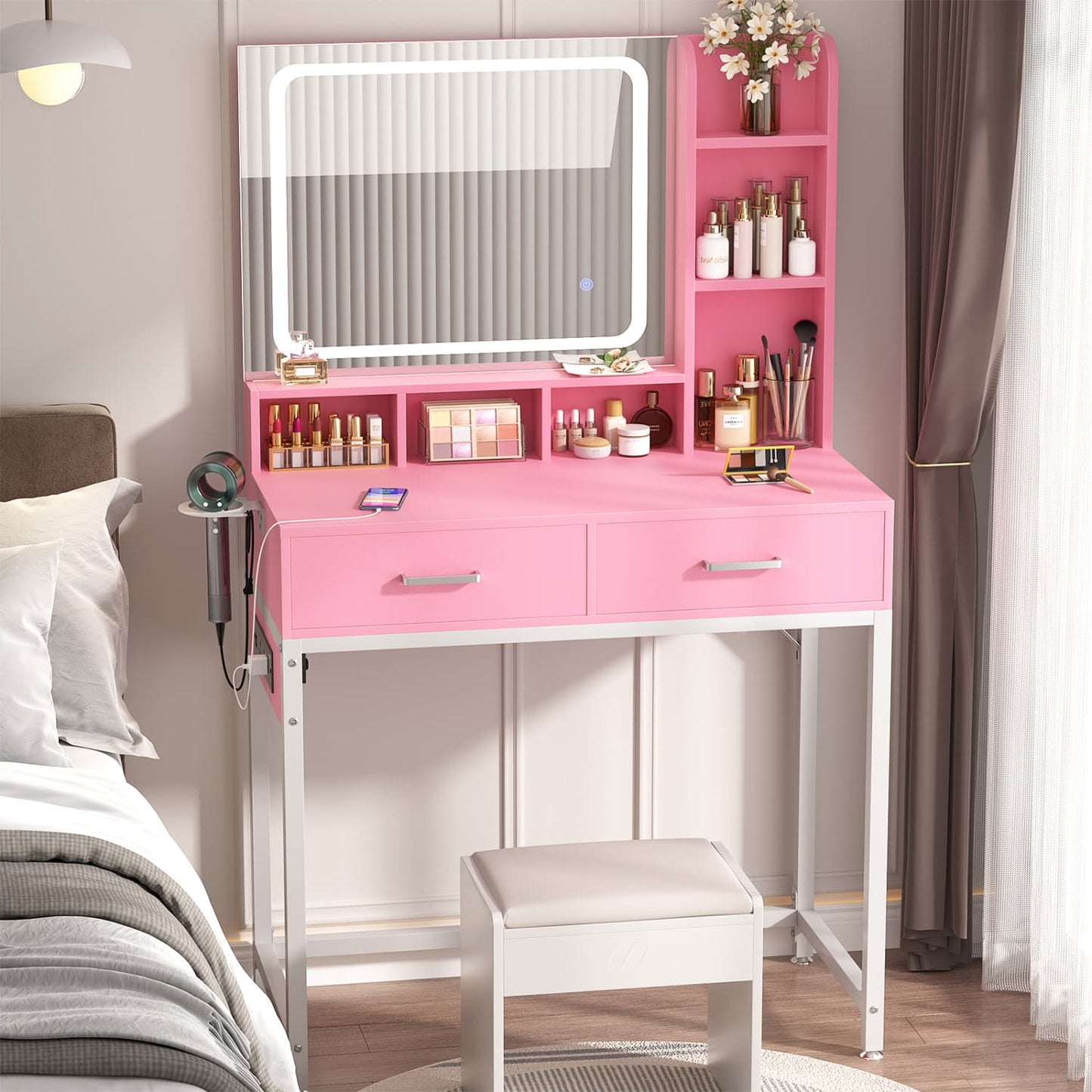 Vanity Desk with LED Mirror, Makeup Table with Charging Station