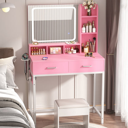 Vanity Desk with LED Mirror, Makeup Table with Charging Station
