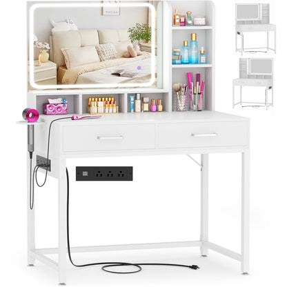 Vanity Desk with LED Mirror, Makeup Table with Charging Station