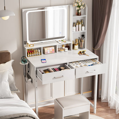 Vanity Desk with LED Mirror, Makeup Table with Charging Station