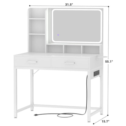 Vanity Desk with LED Mirror, Makeup Table with Charging Station