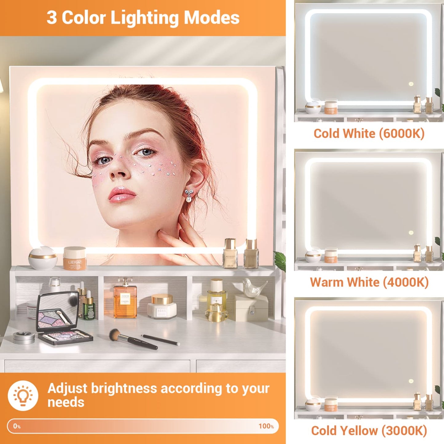 Vanity Desk with LED Mirror, Makeup Table with Charging Station