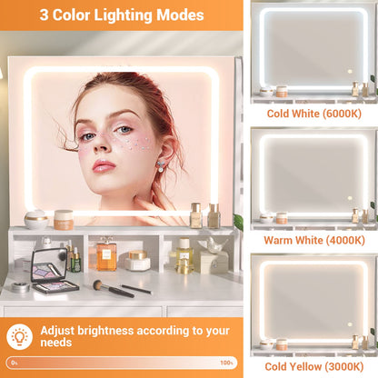 Vanity Desk with LED Mirror, Makeup Table with Charging Station