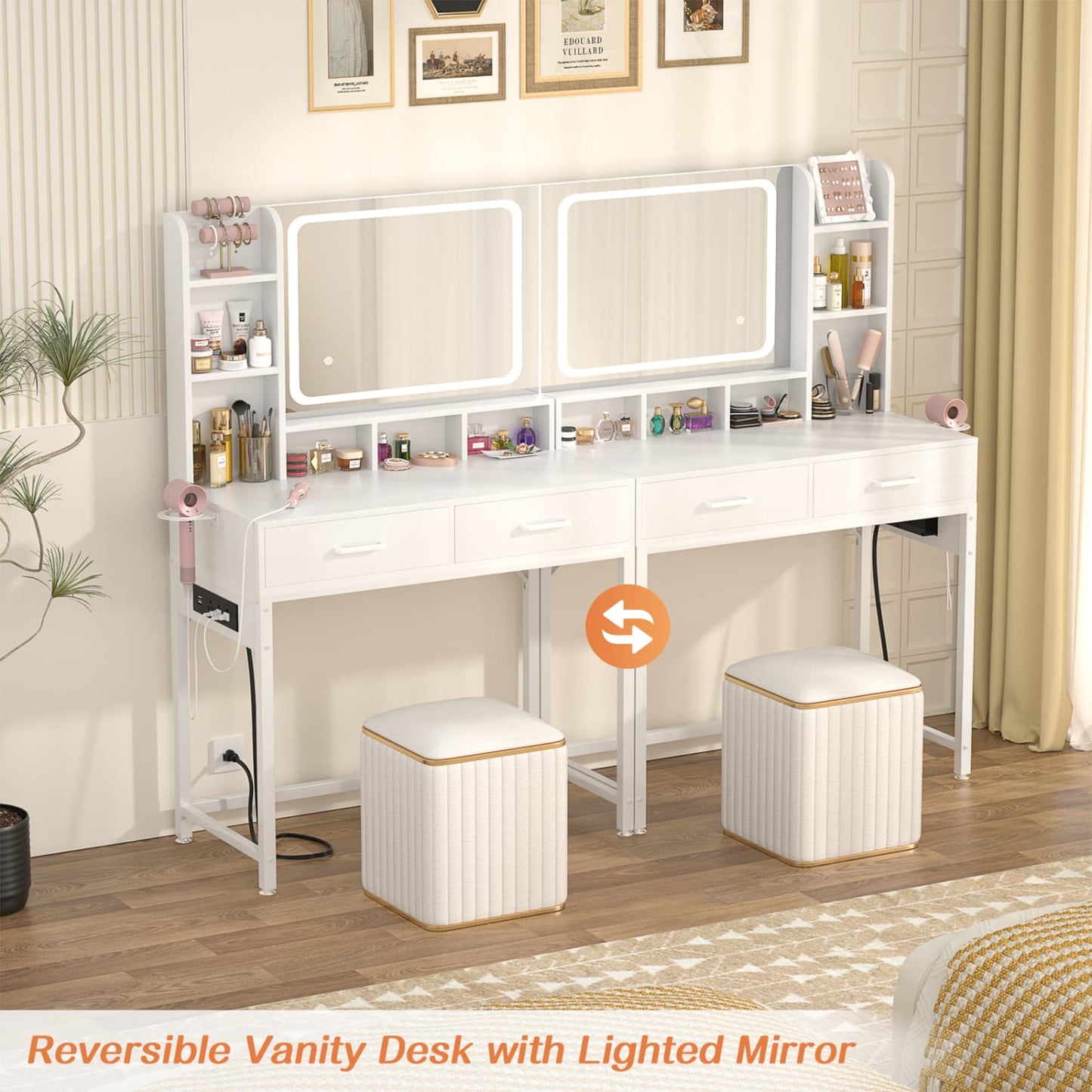 Vanity Desk with LED Mirror, Makeup Table with Charging Station