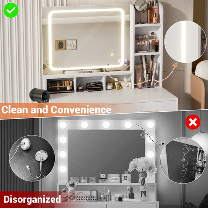 Vanity Desk with LED Mirror, Makeup Table with Charging Station