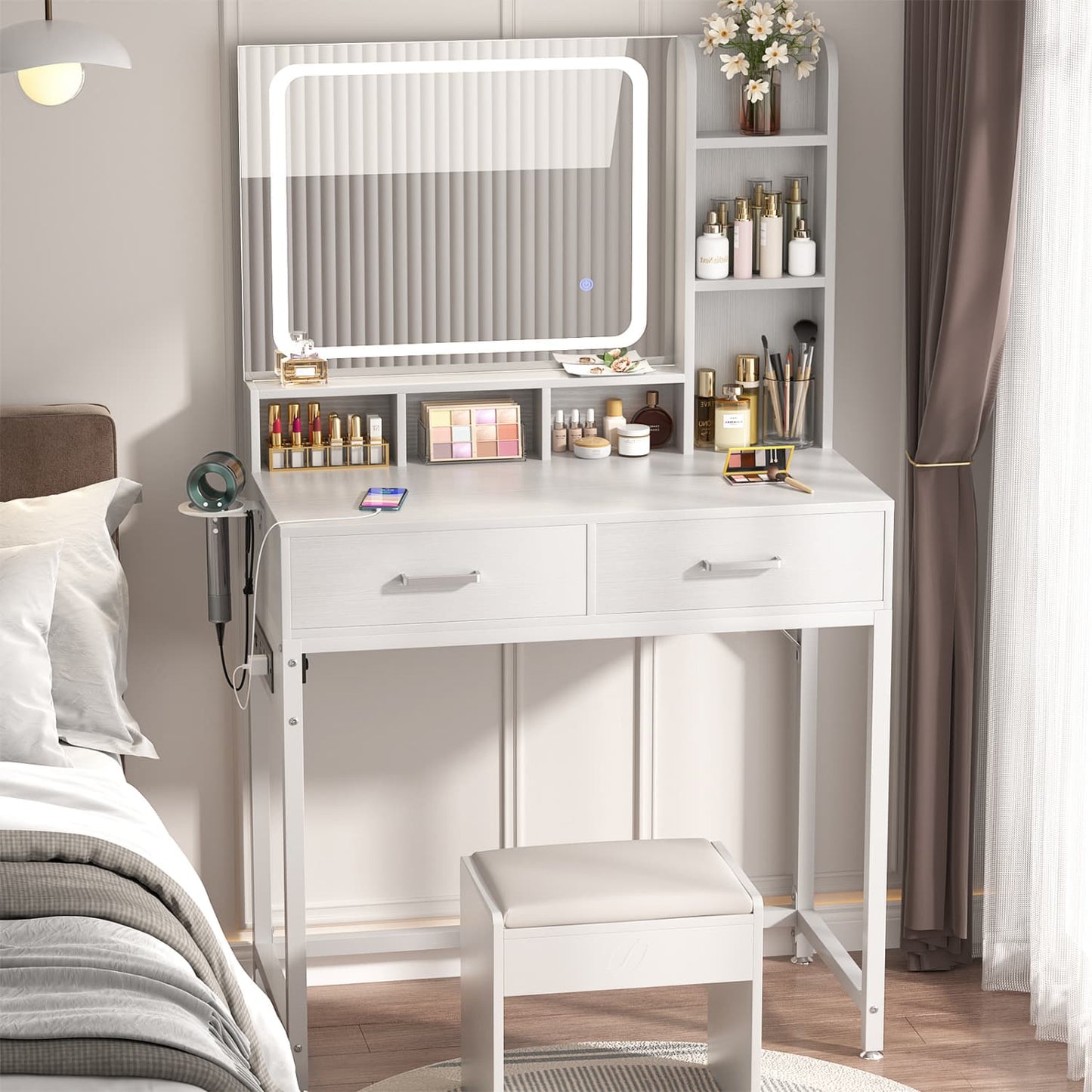 Vanity Desk with LED Mirror, Makeup Table with Charging Station