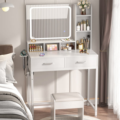 Vanity Desk with LED Mirror, Makeup Table with Charging Station