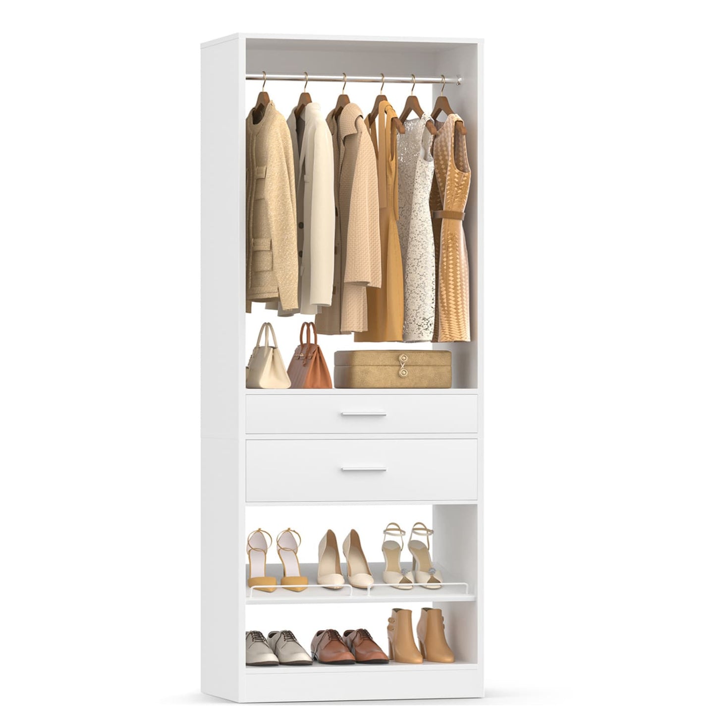 25-In Closet Organizer with Wood Drawers and Shoe Rack, Freestanding Closet System with Hanging Rods