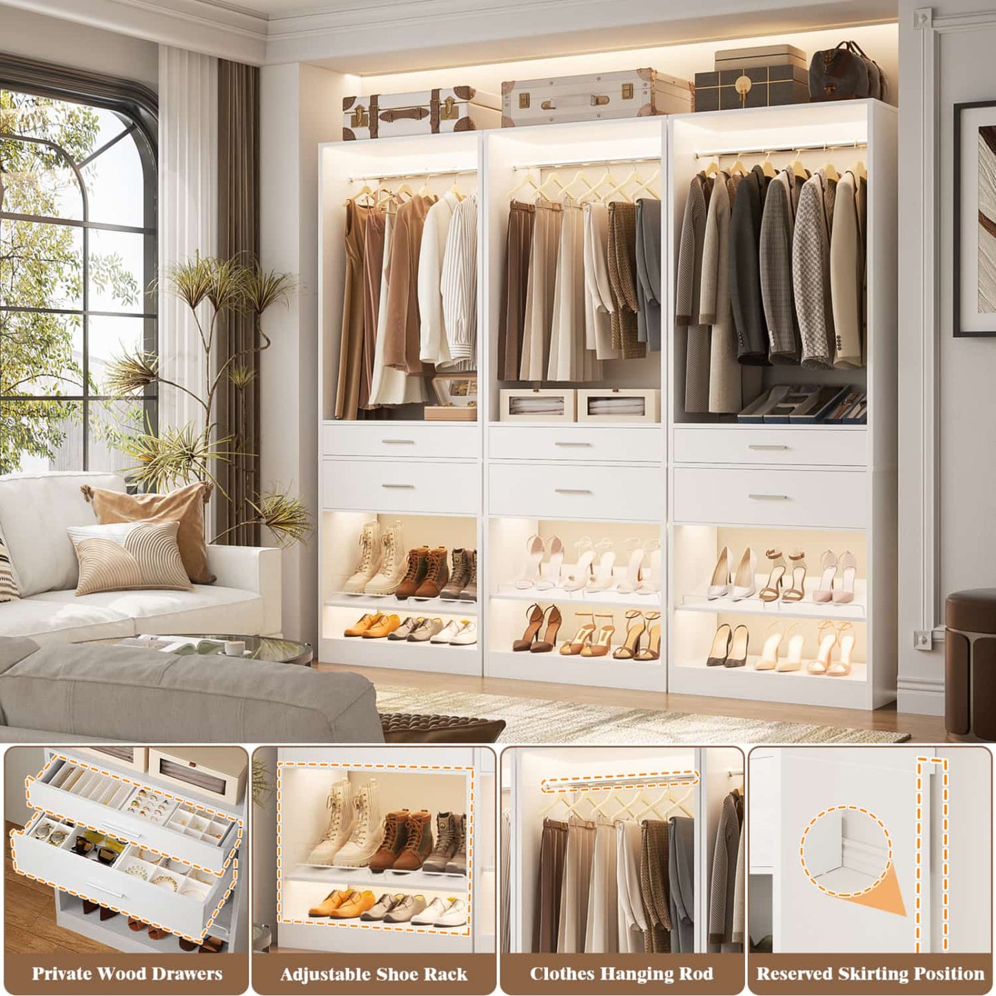25-In Closet Organizer with Wood Drawers and Shoe Rack, Freestanding Closet System with Hanging Rods