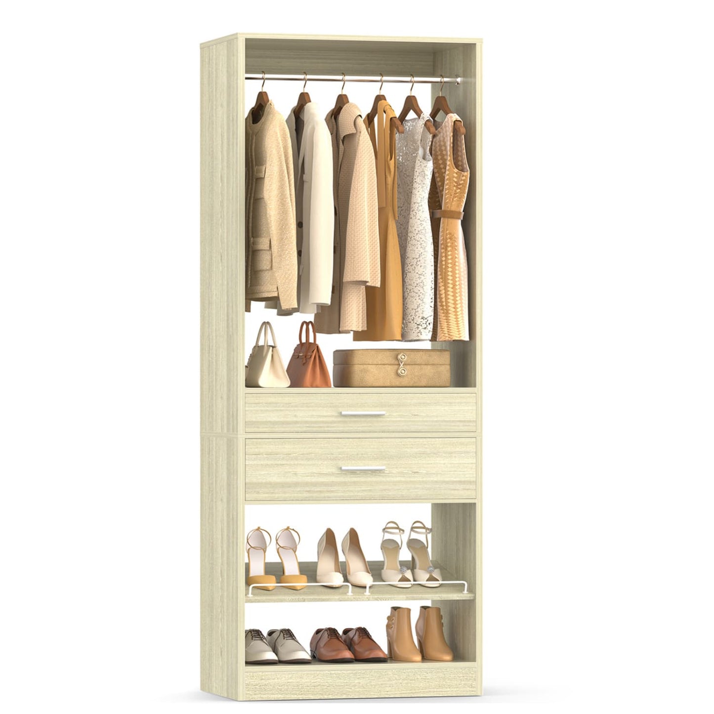 25-In Closet Organizer with Wood Drawers and Shoe Rack, Freestanding Closet System with Hanging Rods