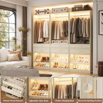 25-In Closet Organizer with Wood Drawers and Shoe Rack, Freestanding Closet System with Hanging Rods