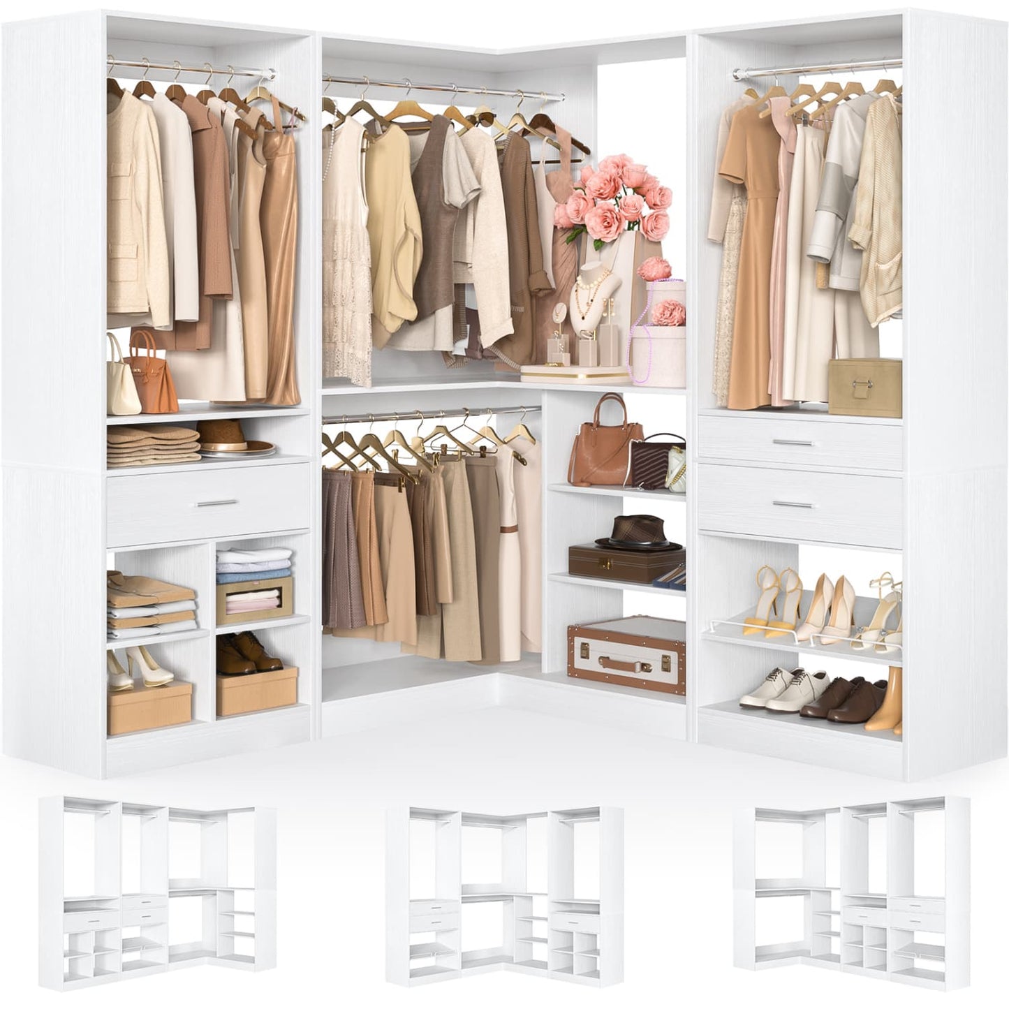 75-In Corner Closet System Set with Wood Drawers, Freestanding Closet Organizer