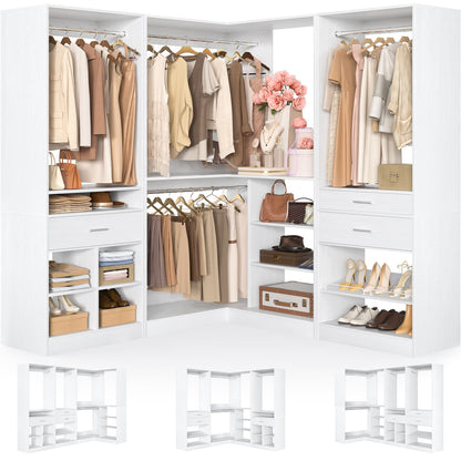 75-In Corner Closet System Set with Wood Drawers, Freestanding Closet Organizer