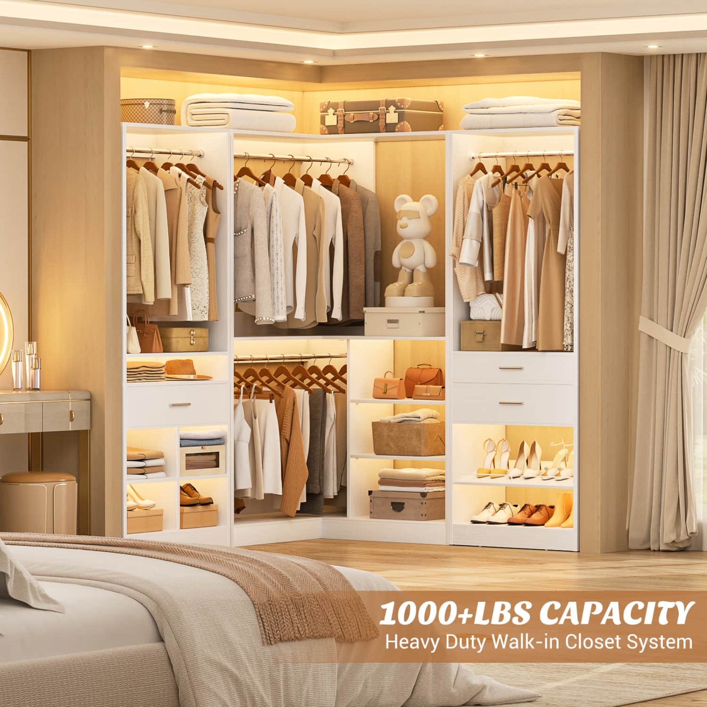 75-In Corner Closet System Set with Wood Drawers, Freestanding Closet Organizer