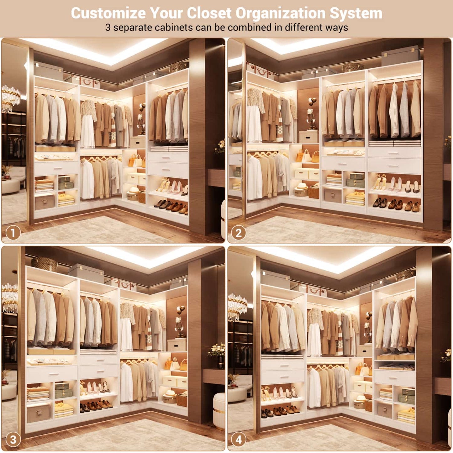 75-In Corner Closet System Set with Wood Drawers, Freestanding Closet Organizer