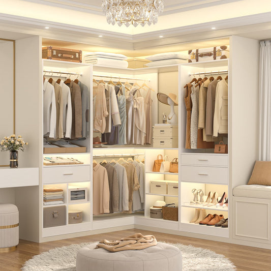 75-In Corner Closet System Set with Wood Drawers, Freestanding Closet Organizer