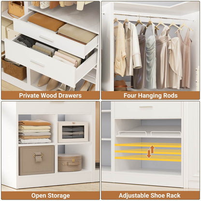 75-In Corner Closet System Set with Wood Drawers, Freestanding Closet Organizer