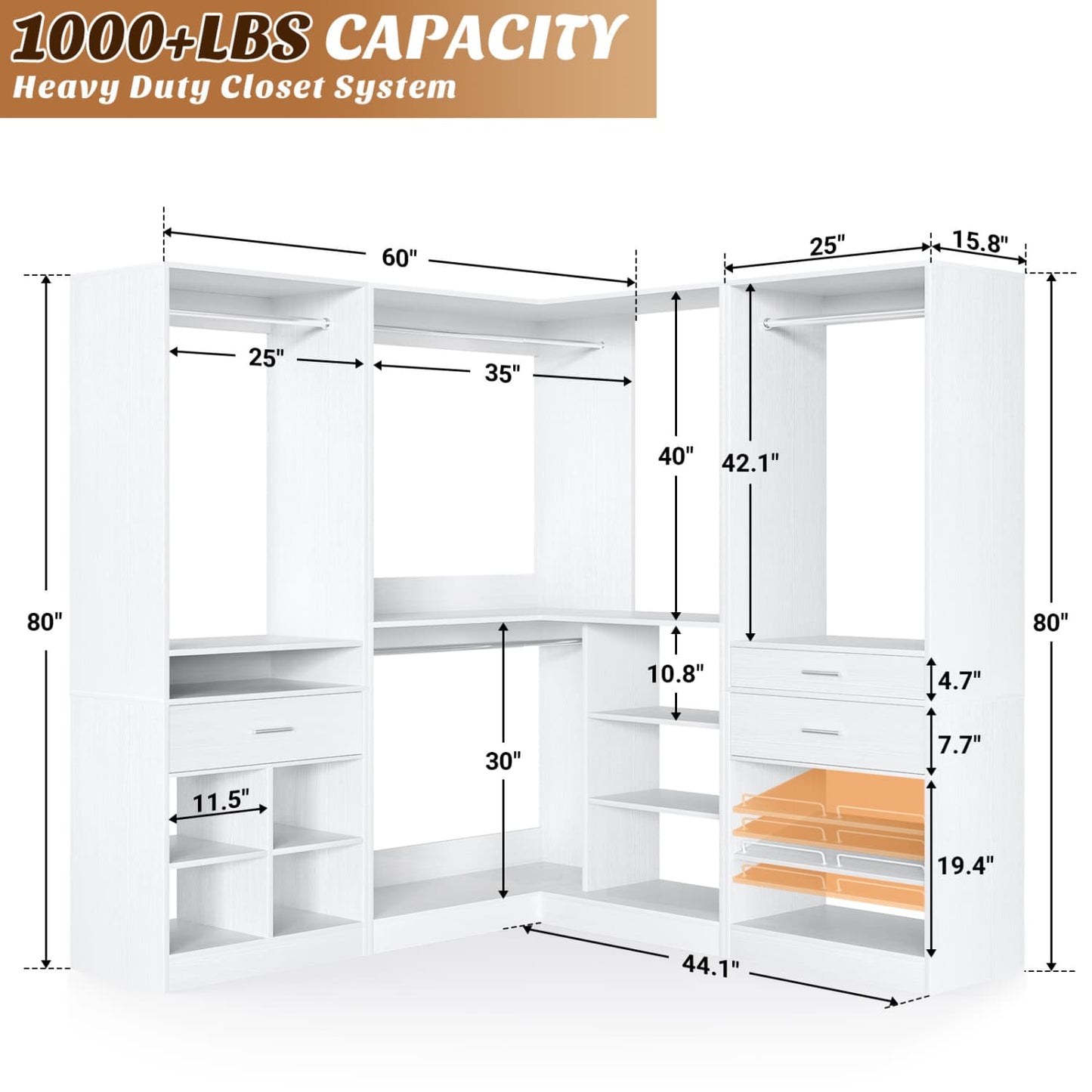 75-In Corner Closet System Set with Wood Drawers, Freestanding Closet Organizer