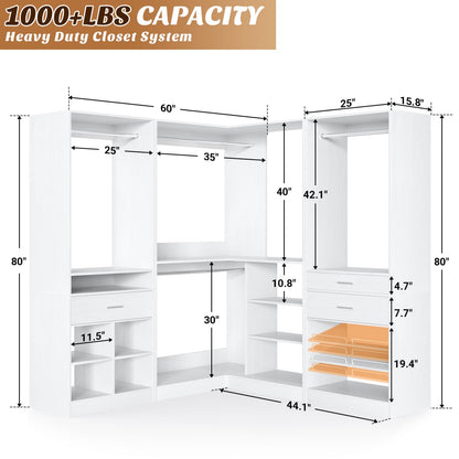 75-In Corner Closet System Set with Wood Drawers, Freestanding Closet Organizer