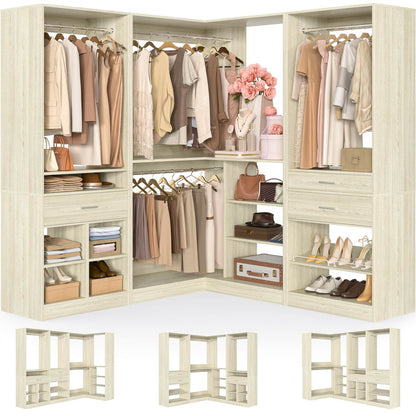 75-In Corner Closet System Set with Wood Drawers, Freestanding Closet Organizer