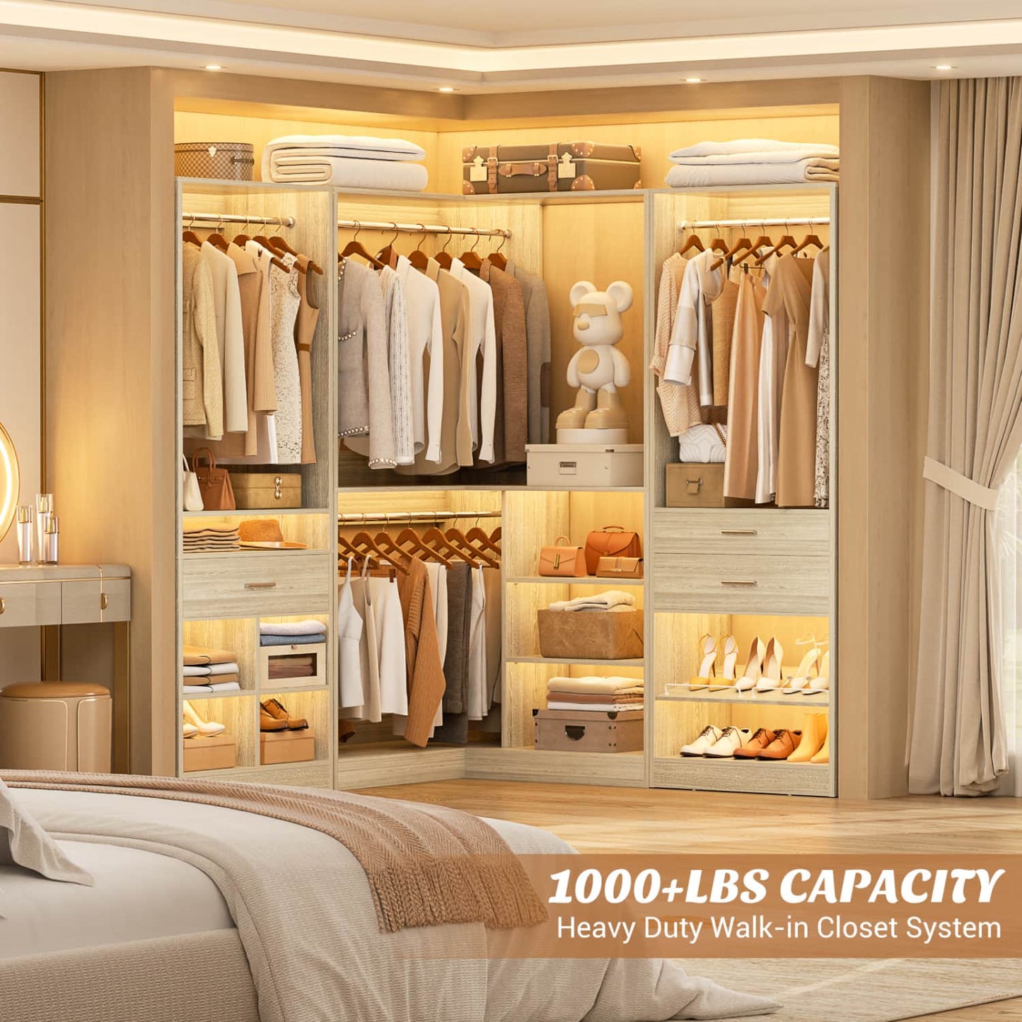 75-In Corner Closet System Set with Wood Drawers, Freestanding Closet Organizer