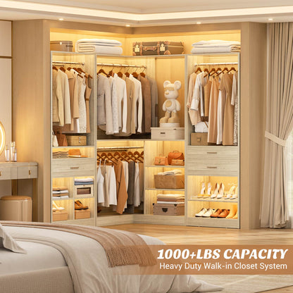 75-In Corner Closet System Set with Wood Drawers, Freestanding Closet Organizer