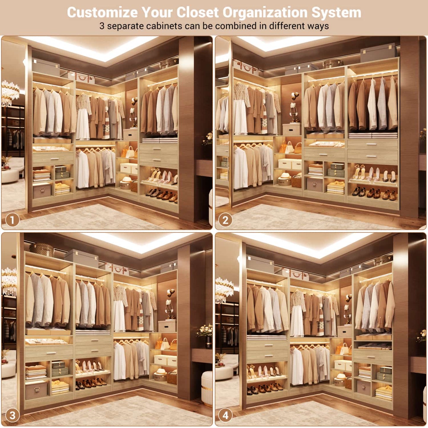 75-In Corner Closet System Set with Wood Drawers, Freestanding Closet Organizer