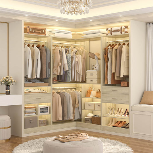 75-In Corner Closet System Set with Wood Drawers, Freestanding Closet Organizer