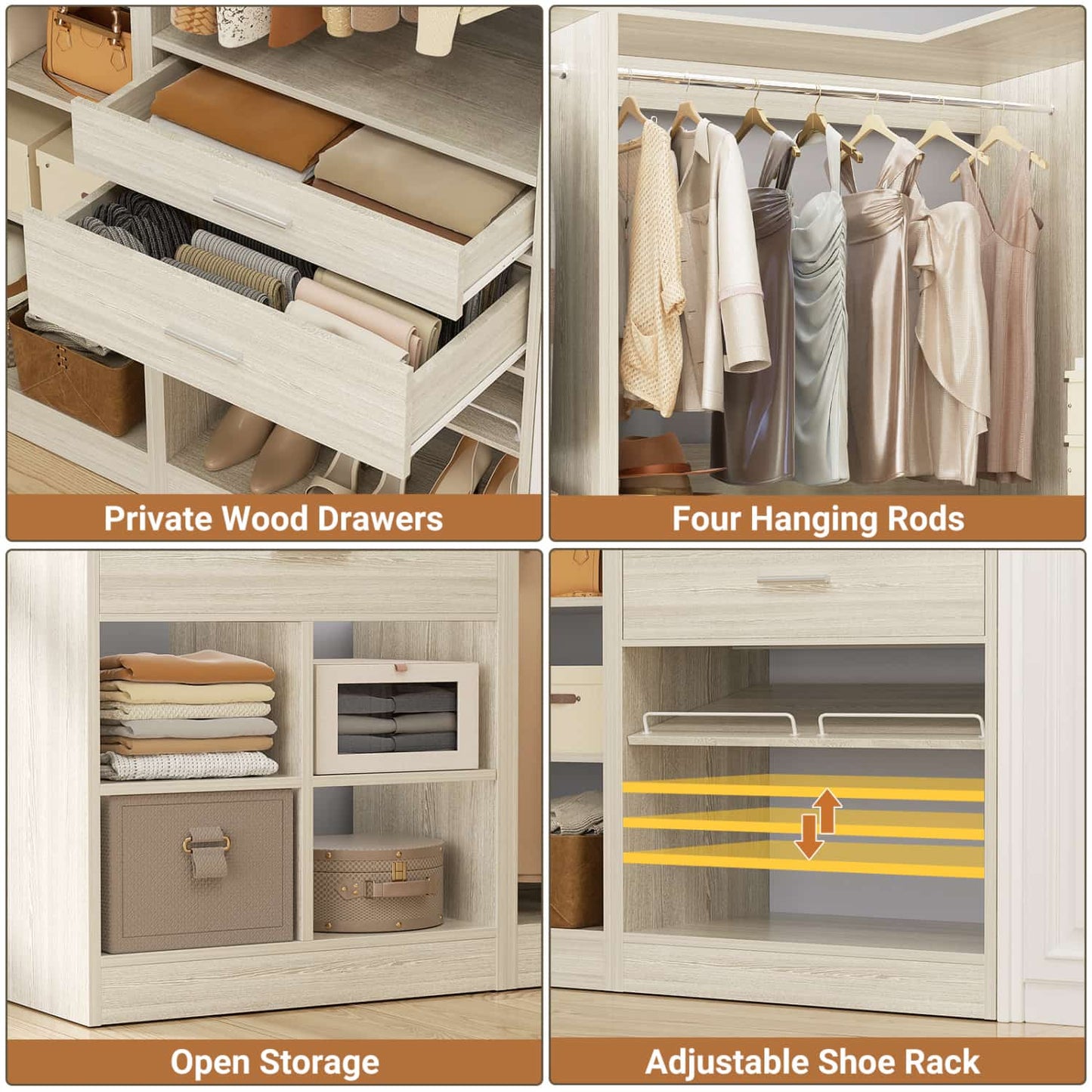 75-In Corner Closet System Set with Wood Drawers, Freestanding Closet Organizer