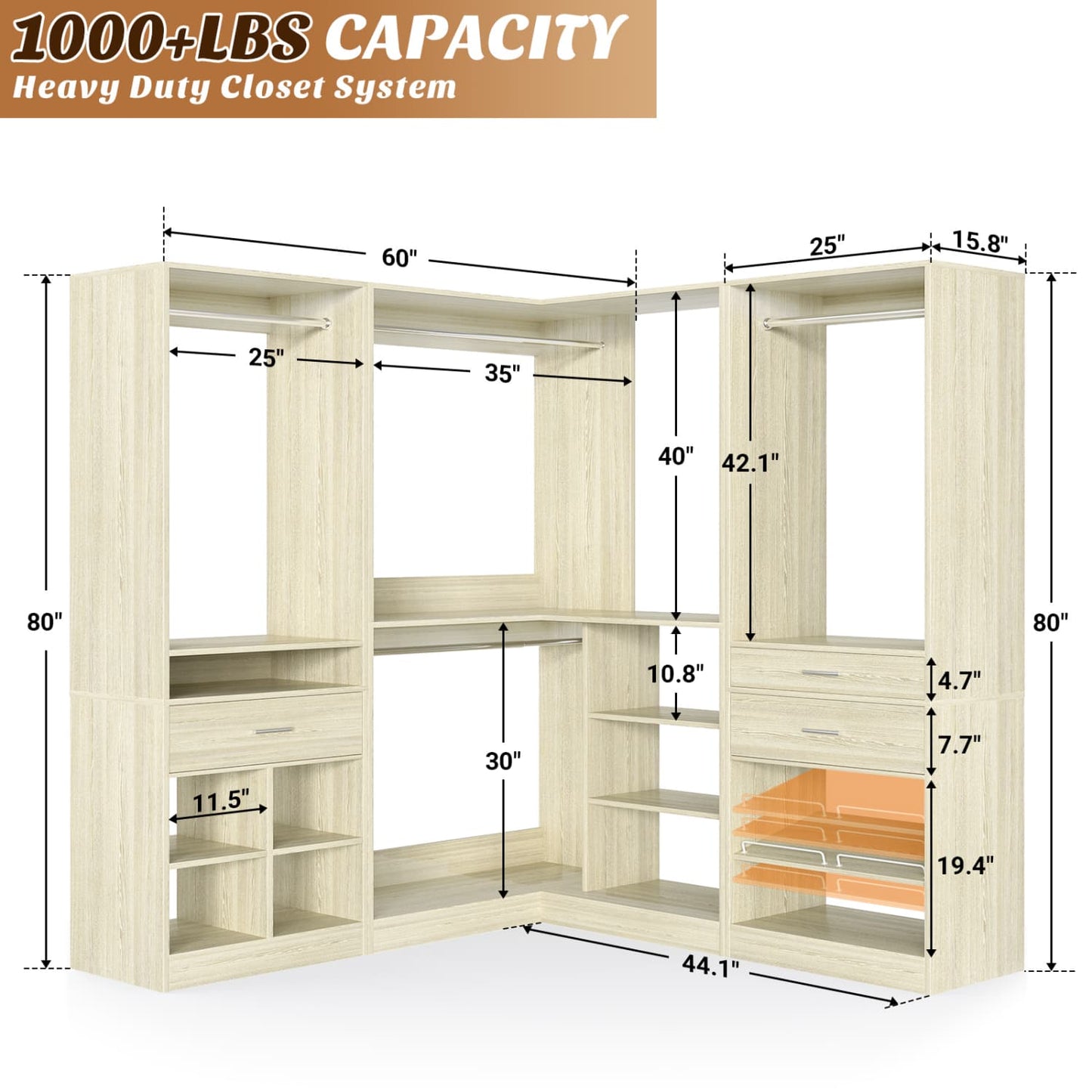 75-In Corner Closet System Set with Wood Drawers, Freestanding Closet Organizer