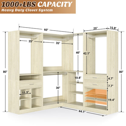 75-In Corner Closet System Set with Wood Drawers, Freestanding Closet Organizer