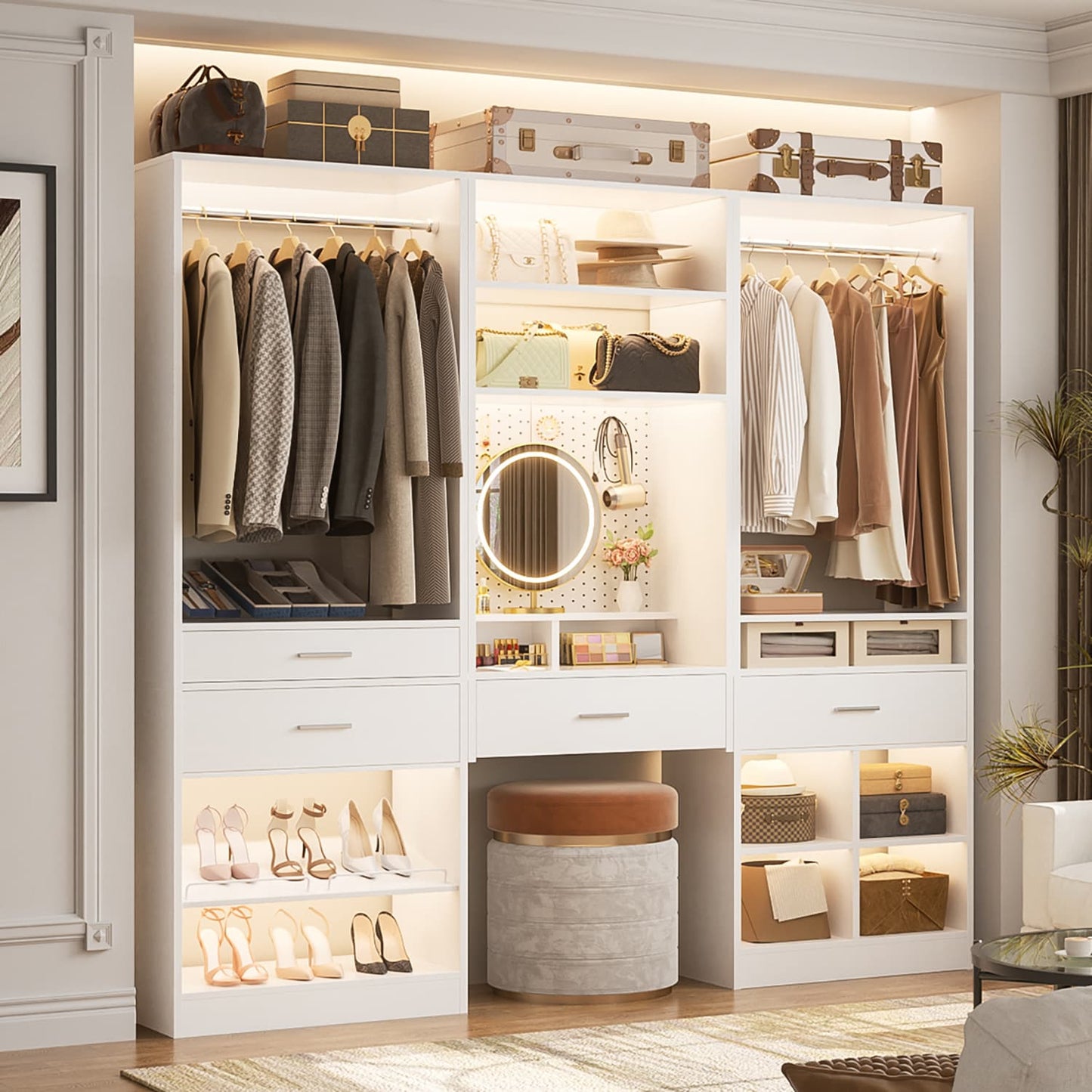 75-In Closet Organizer System with Wood Drawers and Hanging Rods