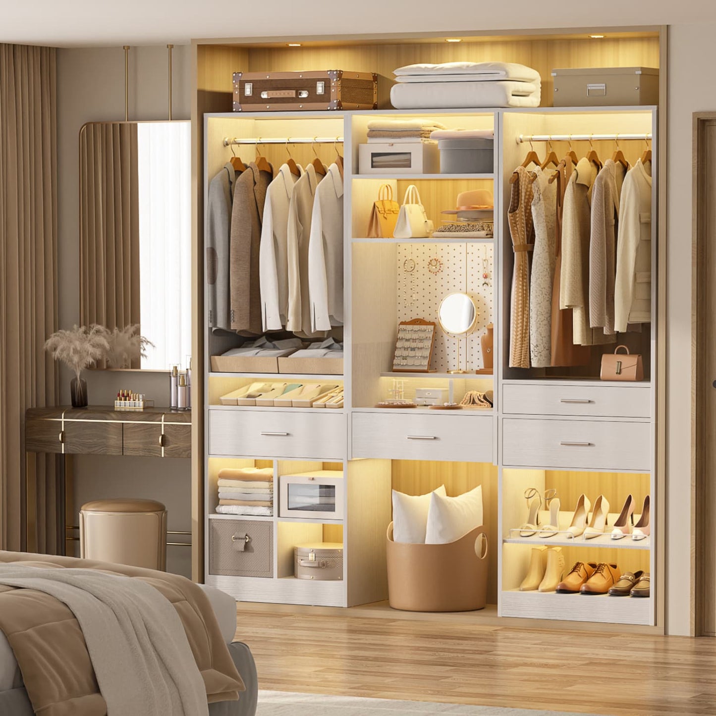 75-In Closet Organizer System with Wood Drawers and Hanging Rods