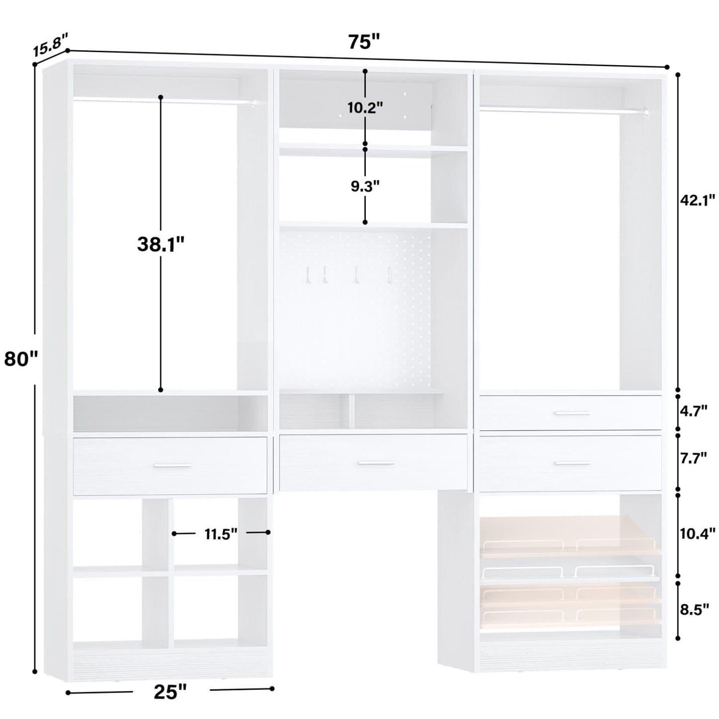 75-In Closet Organizer System with Wood Drawers and Hanging Rods