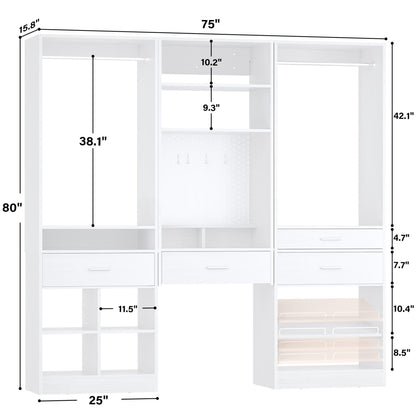 75-In Closet Organizer System with Wood Drawers and Hanging Rods
