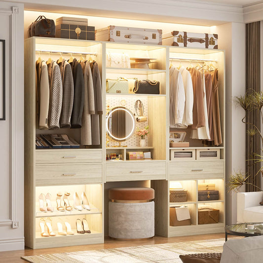 75-In Closet Organizer System with Wood Drawers and Hanging Rods