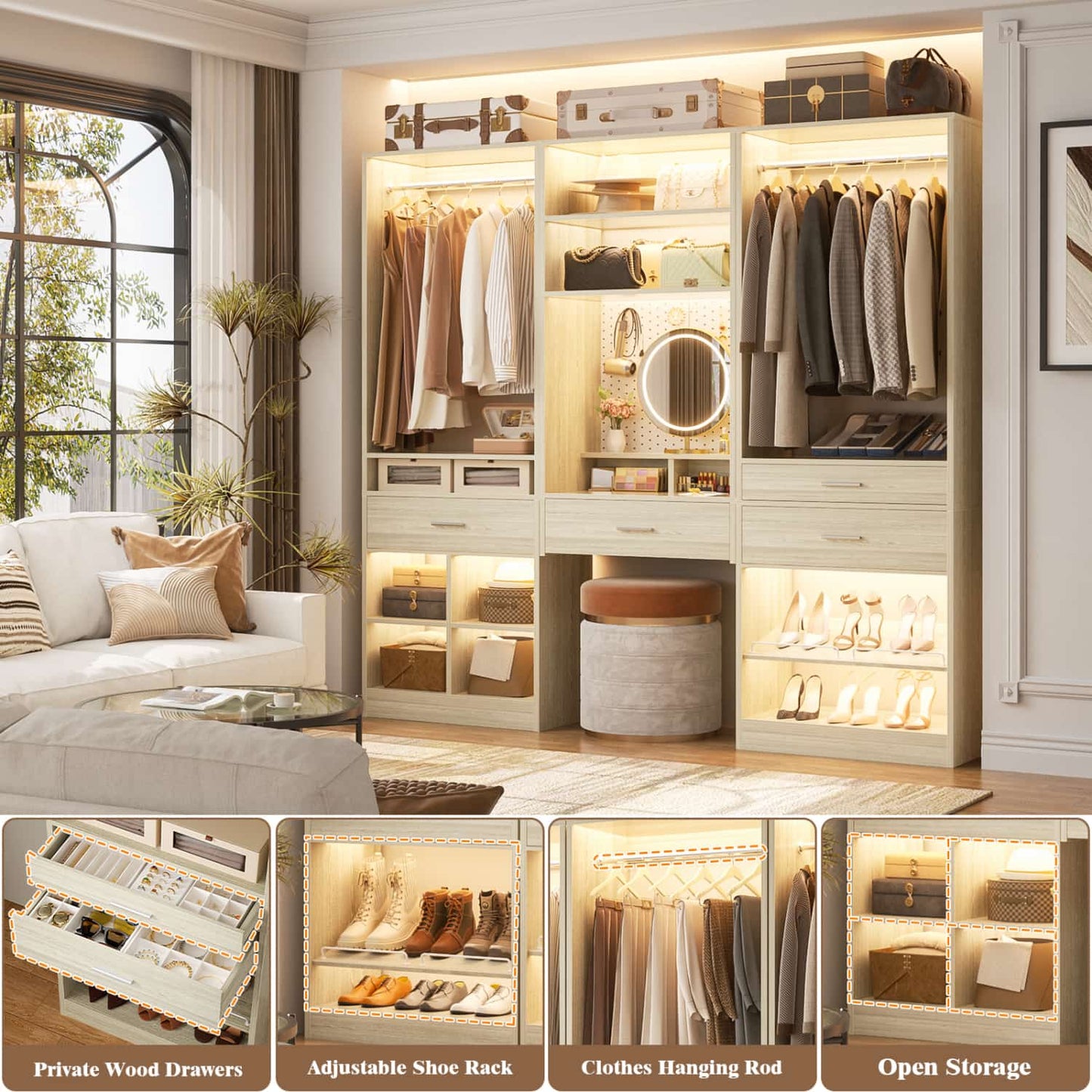 75-In Closet Organizer System with Wood Drawers and Hanging Rods