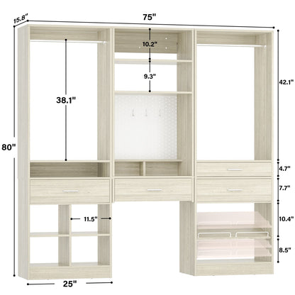 75-In Closet Organizer System with Wood Drawers and Hanging Rods