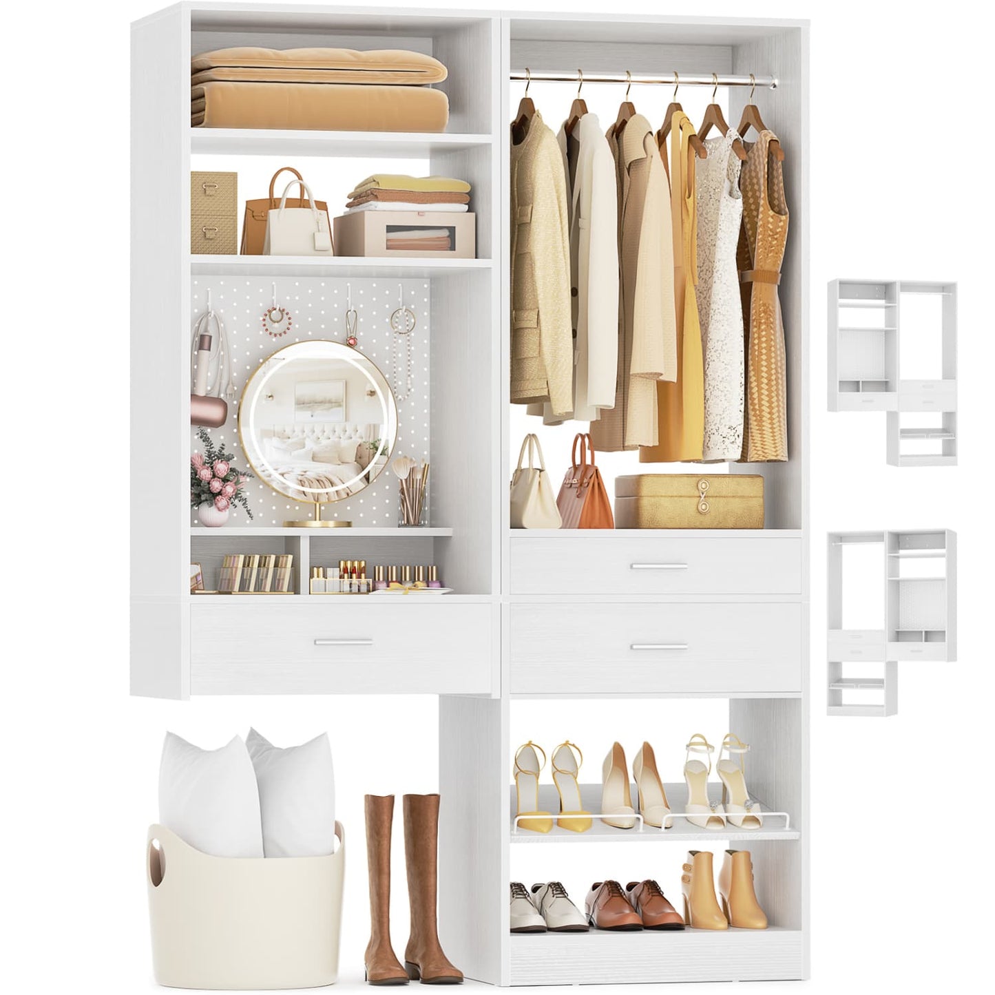 50-In Closet System Set with Wood Drawers, Floating Vanity Desk Organizer