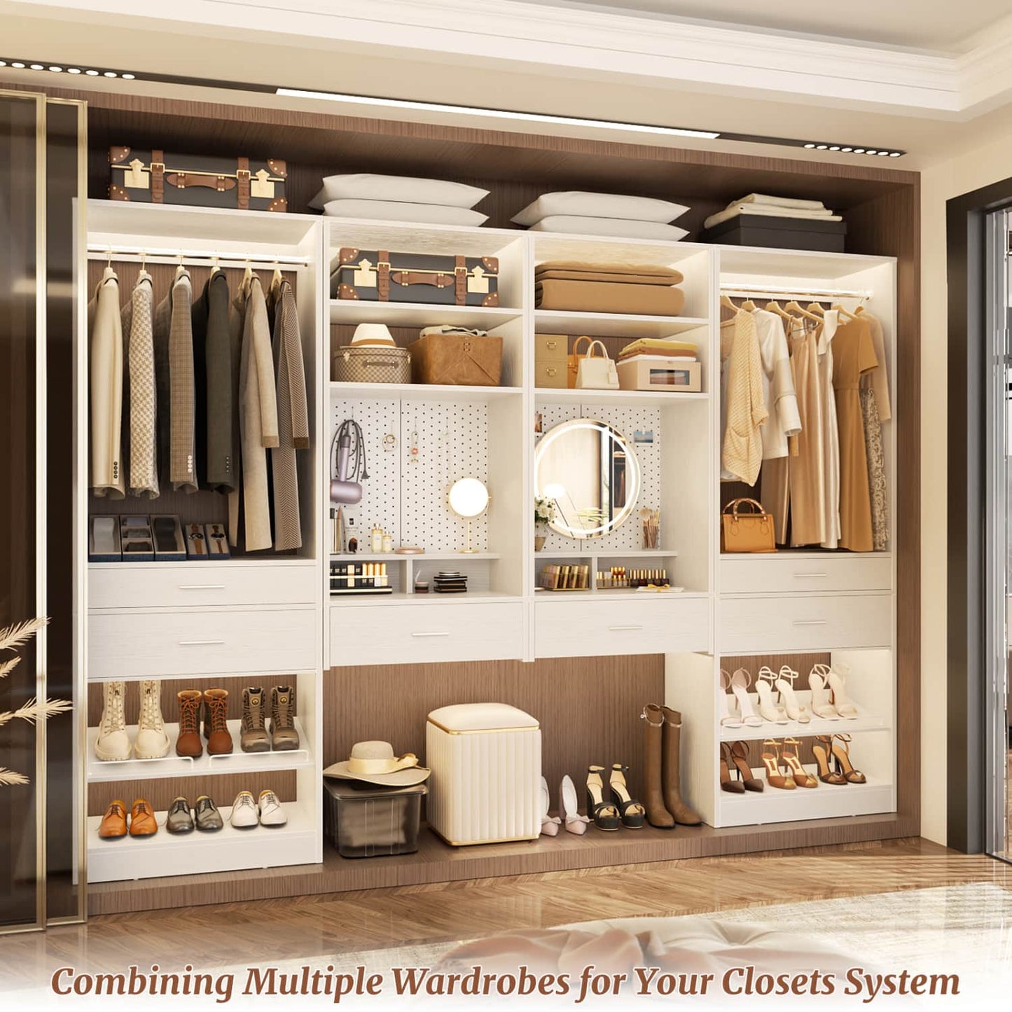 50-In Closet System Set with Wood Drawers, Floating Vanity Desk Organizer