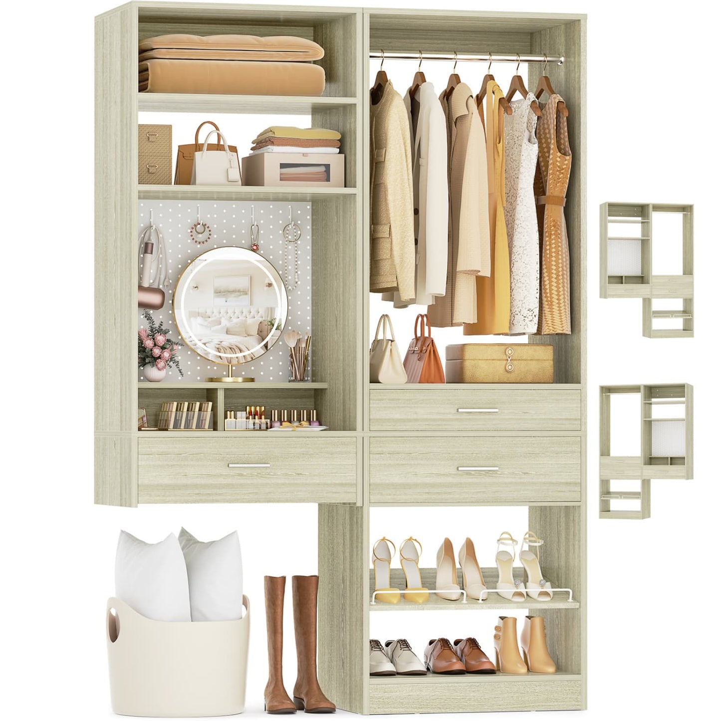 50-In Closet System Set with Wood Drawers, Floating Vanity Desk Organizer