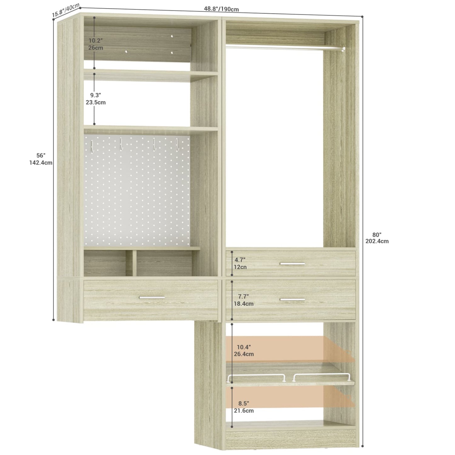 50-In Closet System Set with Wood Drawers, Floating Vanity Desk Organizer