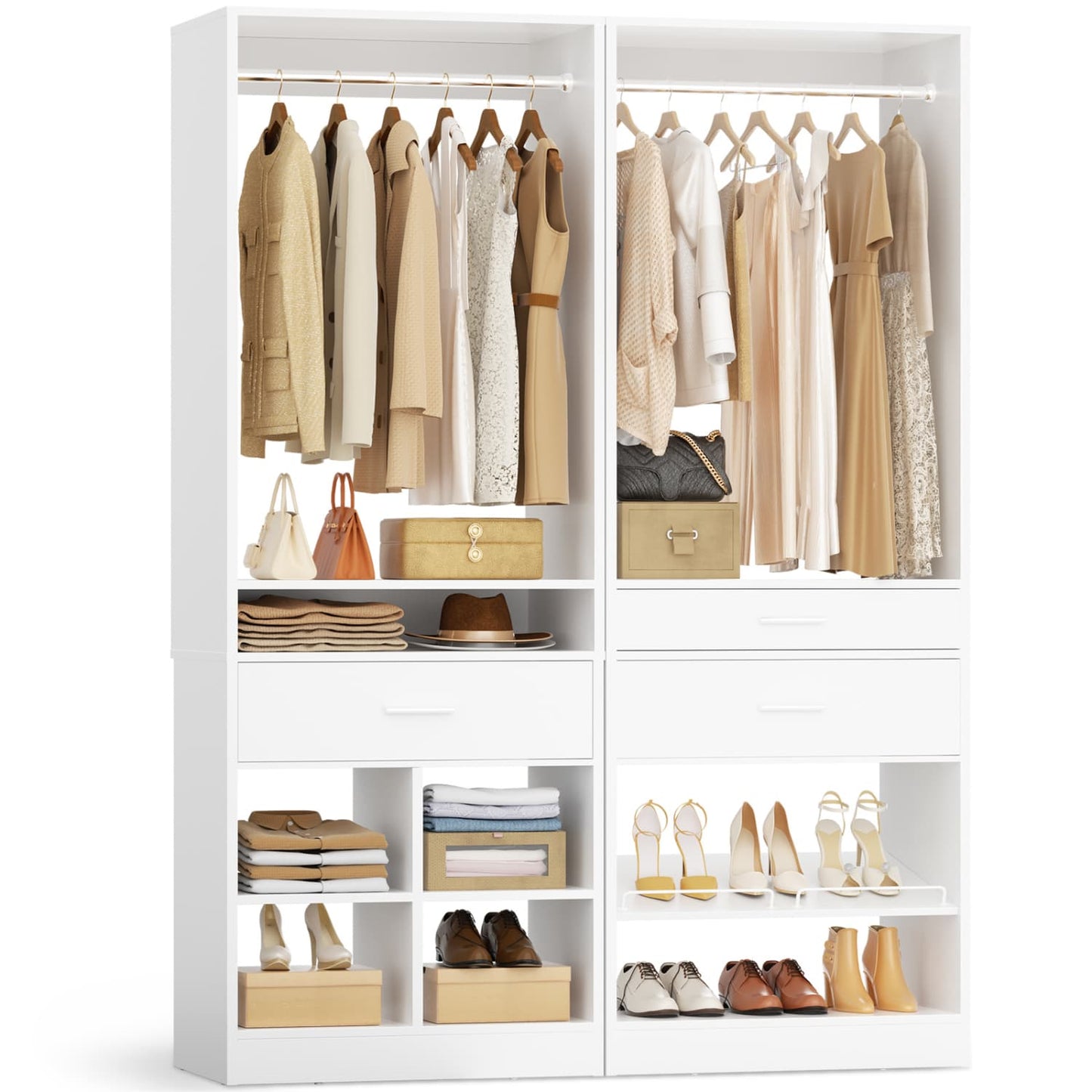50-In Freestanding Closet System Set with Wood Drawers, Closet Organizer with Shoe Rack